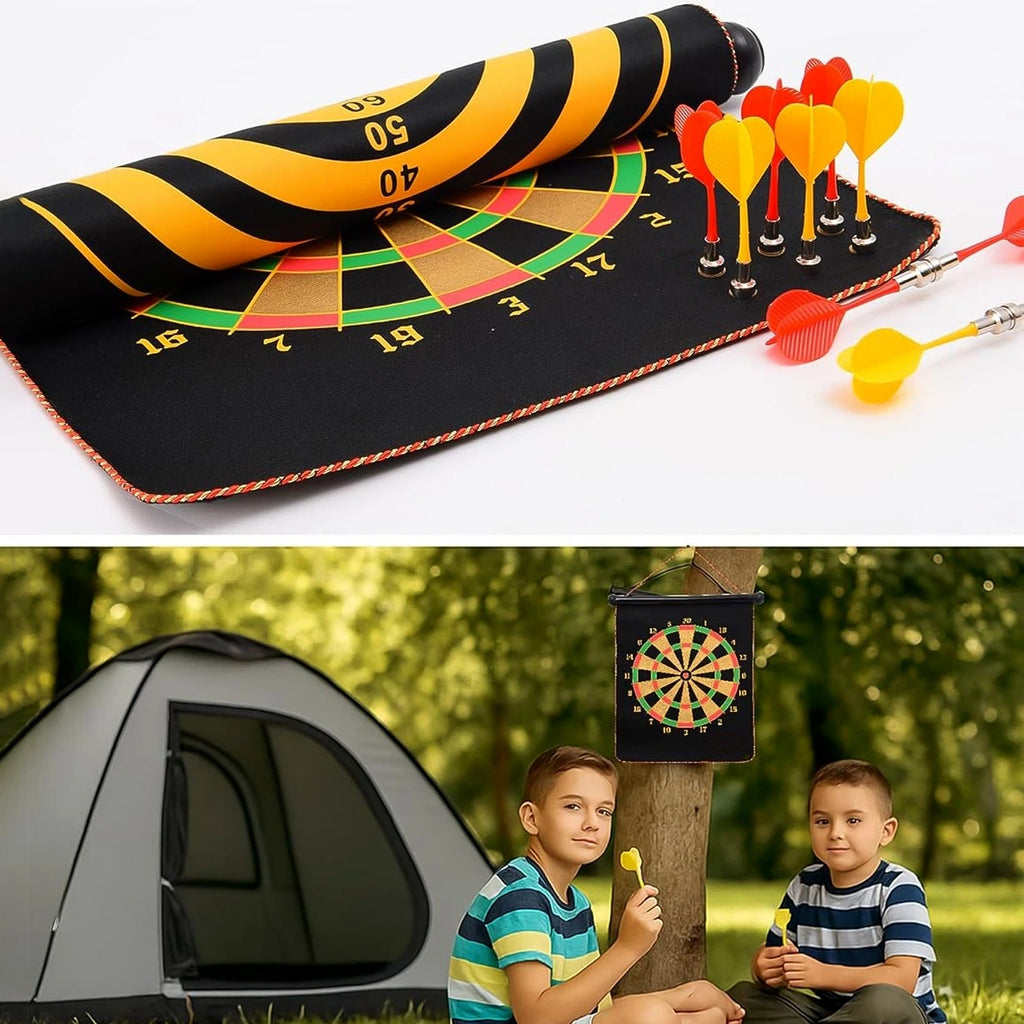 Magnetic dartboard rolled up compactly for storage