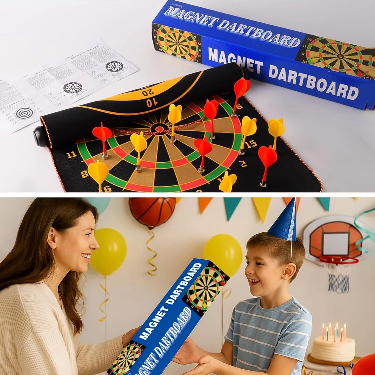 Magnetic dartboard with darts and hanging cord ready to use