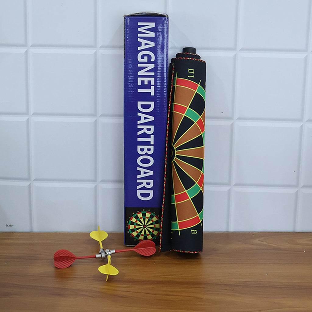 Players aiming magnetic darts at the dartboard target