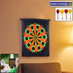 12-inch magnetic roll-up dartboard with safe tip-less darts hanging on wall