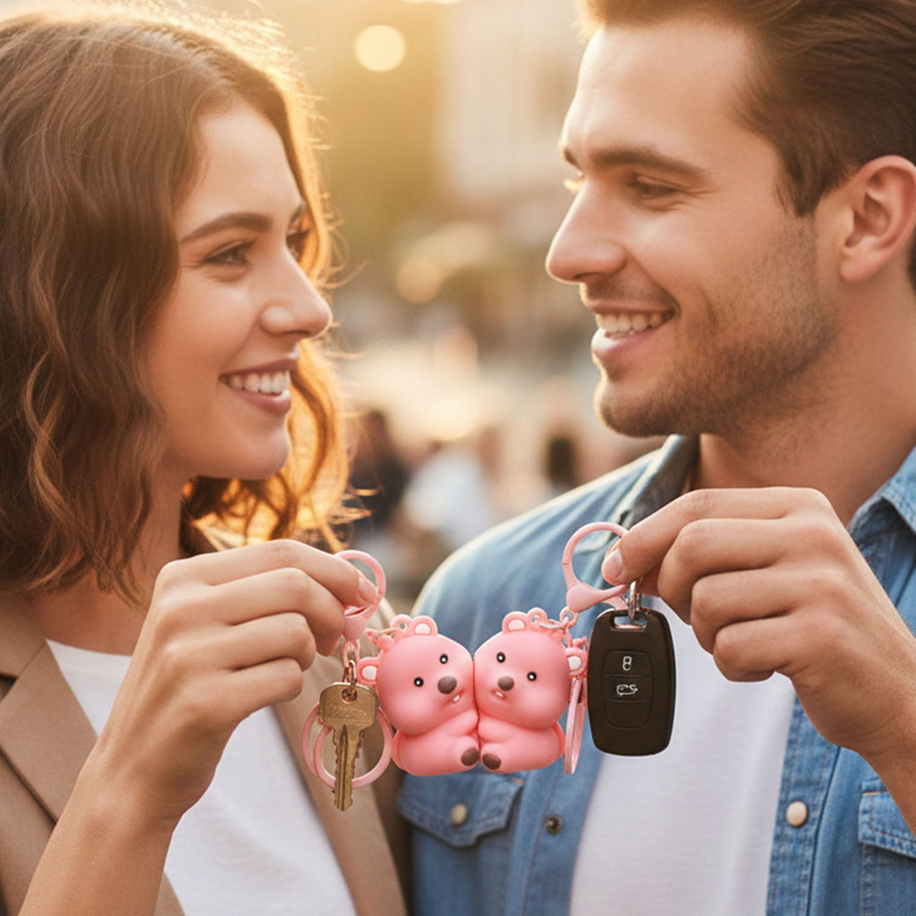 Close-up of cute teddy bear keychain detail for couples
