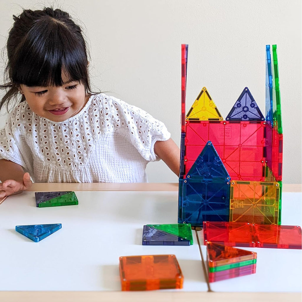 Bright and transparent magnetic tiles displayed on white background