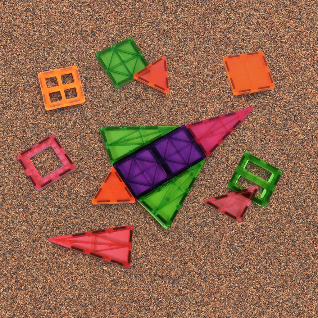 Magnetic building tiles arranged for creative play