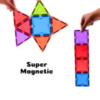 Various 3D shapes built from colorful magnetic tiles