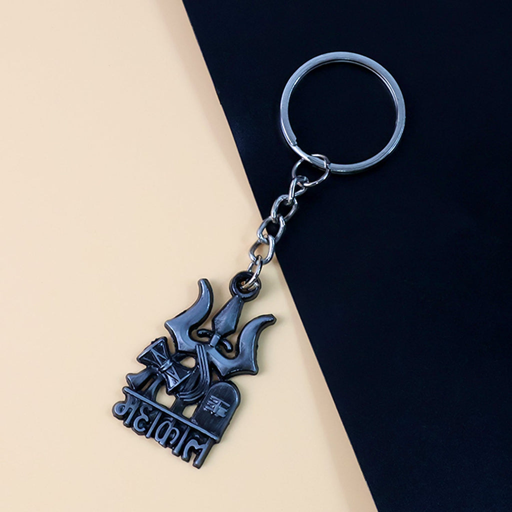 Detailed view of Trishul Damru symbols on keychain
