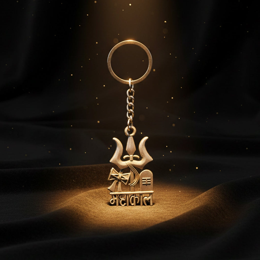 Mahakal keychain displaying Trishul, Damru and Shivling symbols