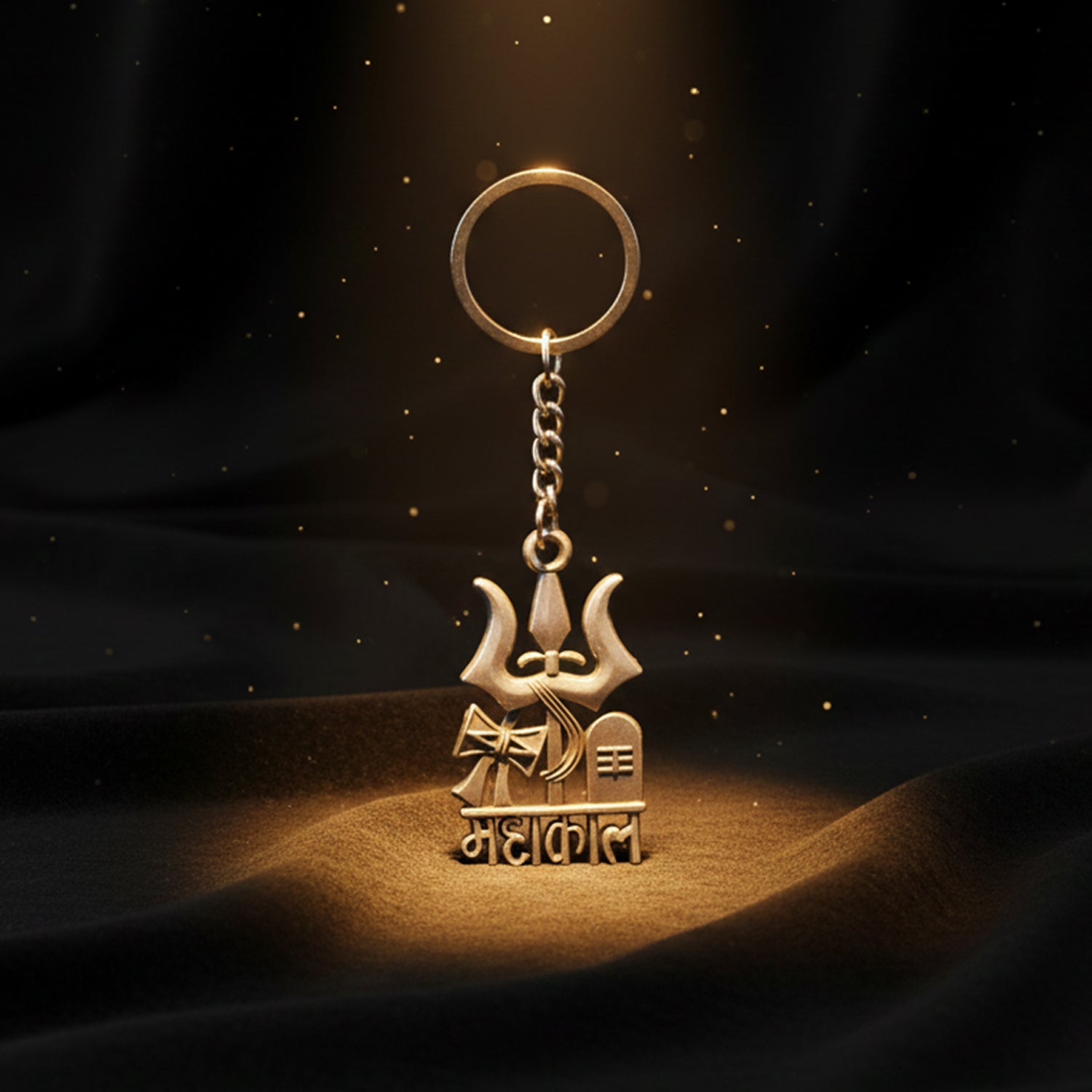 Mahakal keychain displaying Trishul, Damru and Shivling symbols