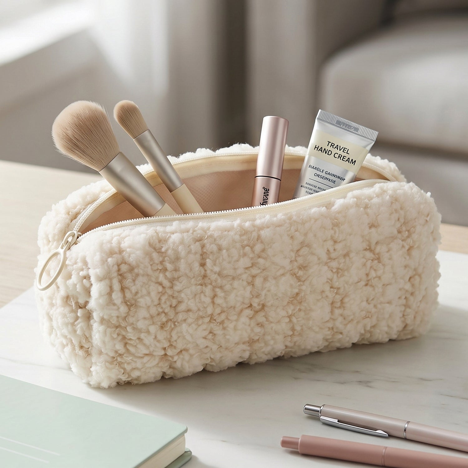 Soft textured multipurpose makeup organizer pouch for travel and storage