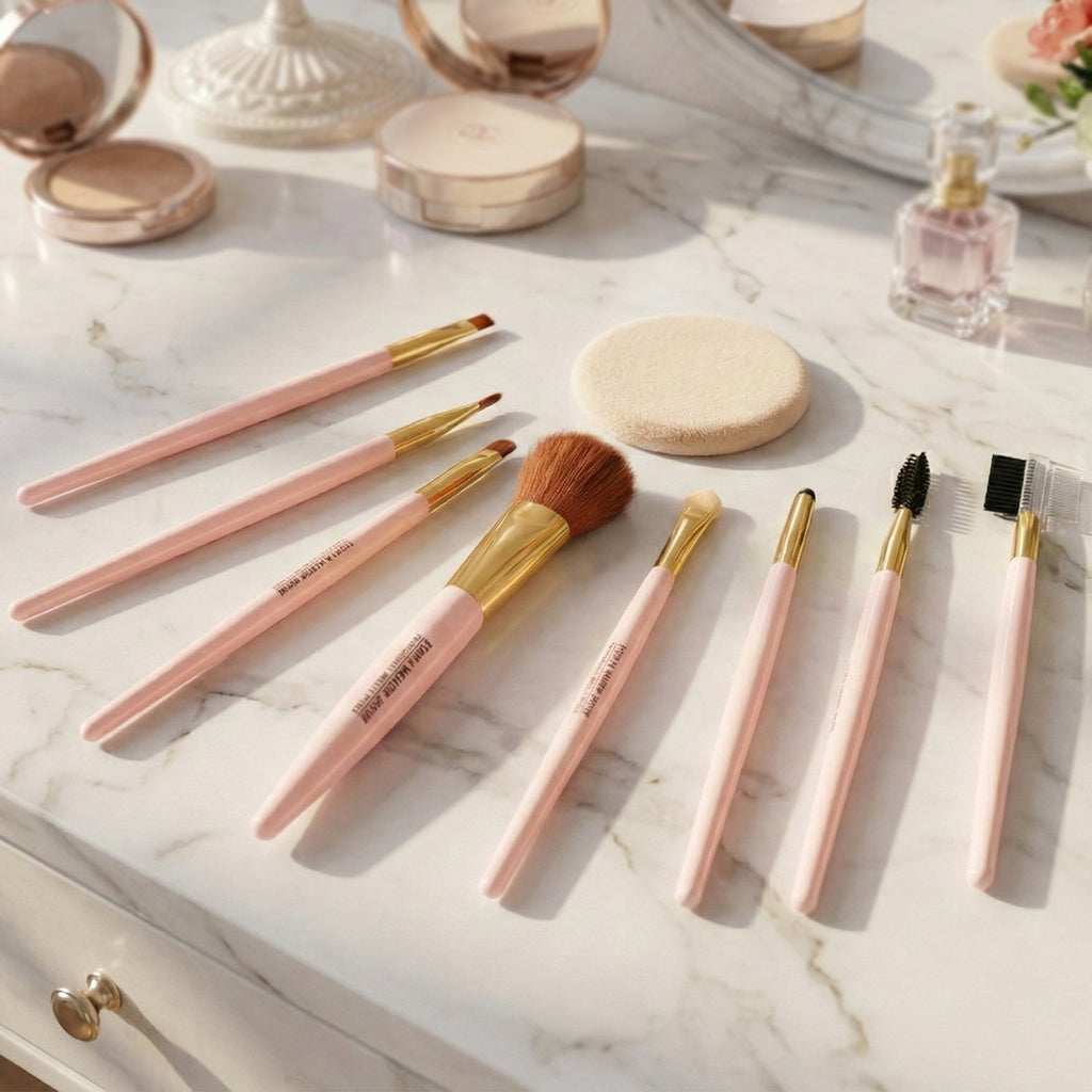 Close-up of soft bristles on various makeup brushes for face and eyes
