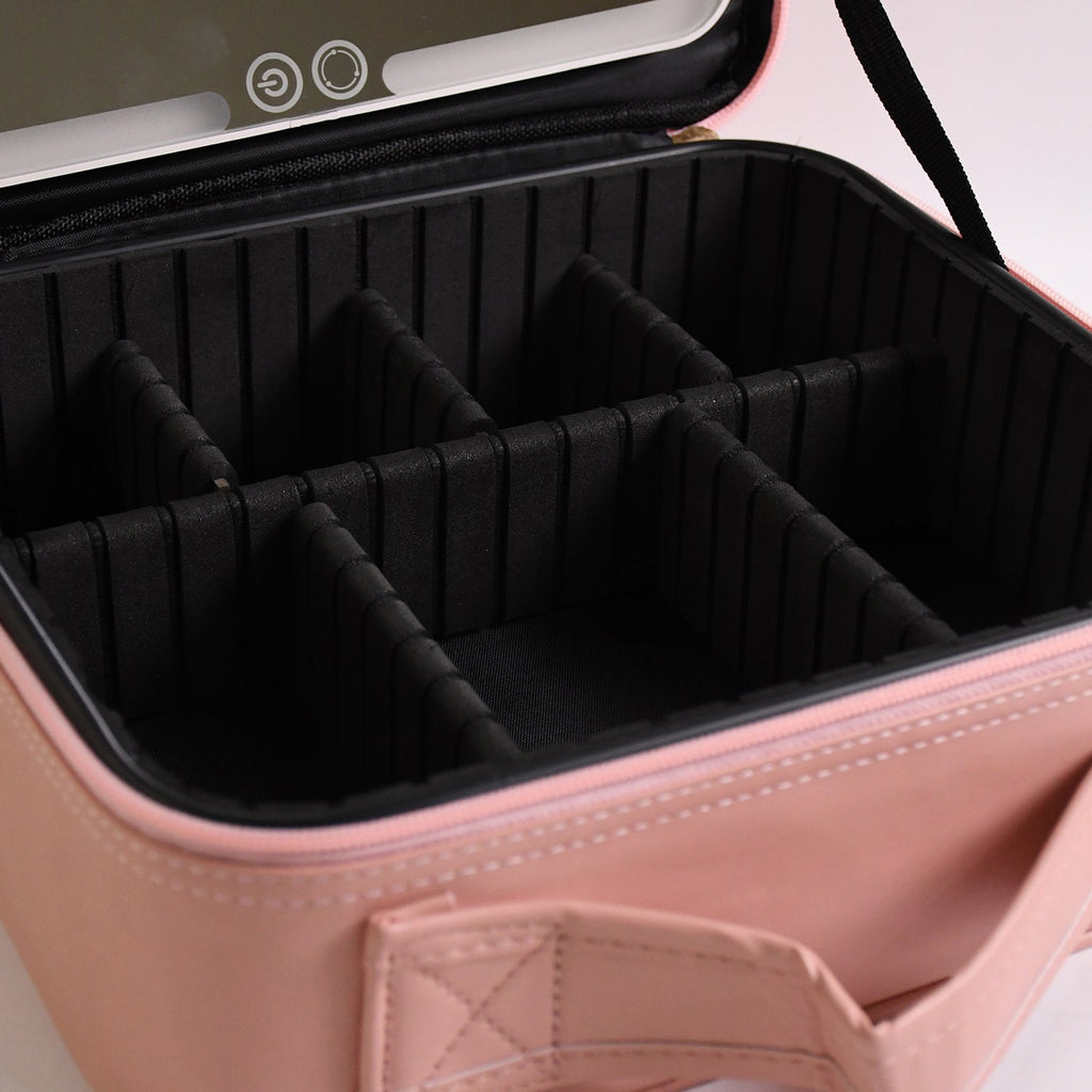 Compact and portable pink makeup organizer with LED mirror