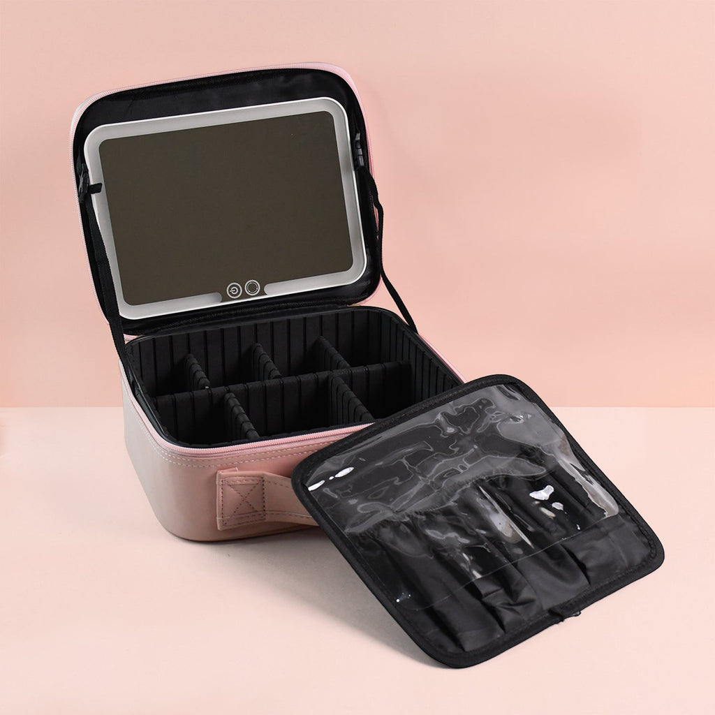 Interior view of pink LED makeup organizer box with adjustable dividers