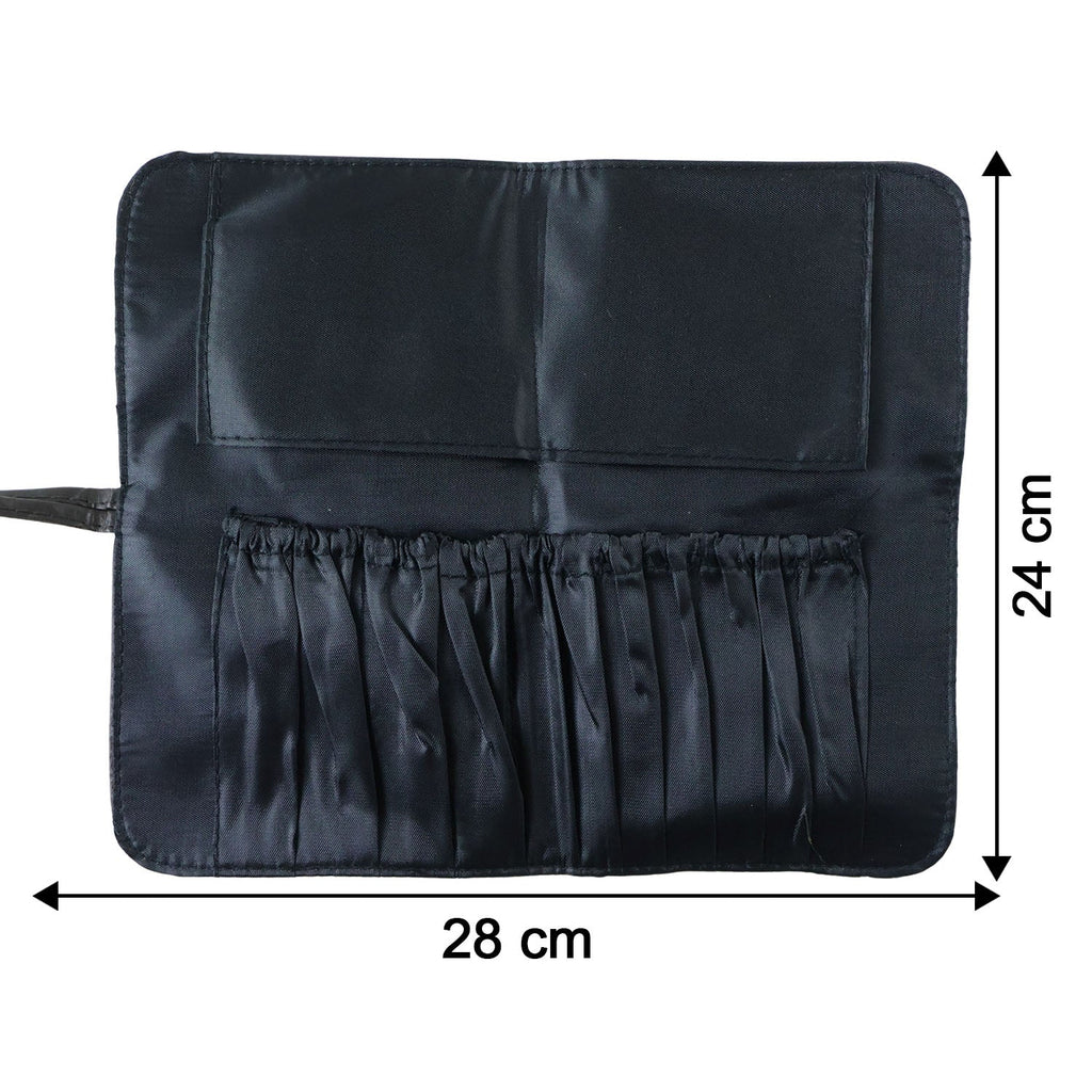 Size comparison image showing foldable makeup brush organizer bag dimensions