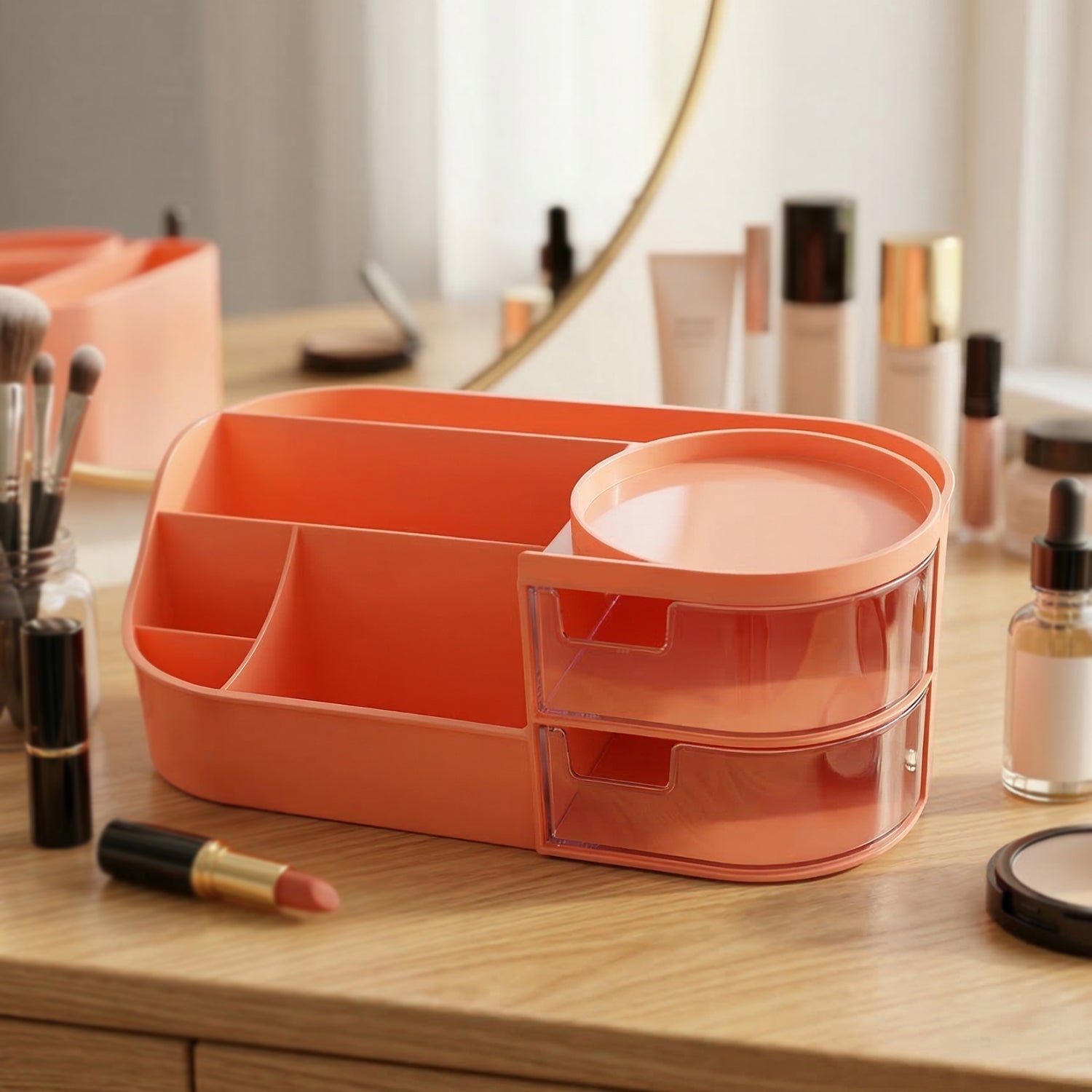 Compact dressing table makeup organizer with multiple compartments