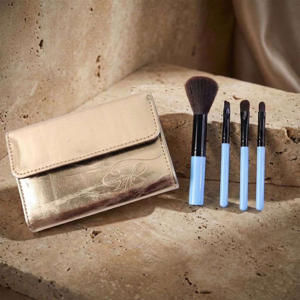 Close-up of professional makeup brush set 4-in-1 showing soft bristles