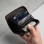 Close-up of premium material on zip-around cardholder wallet