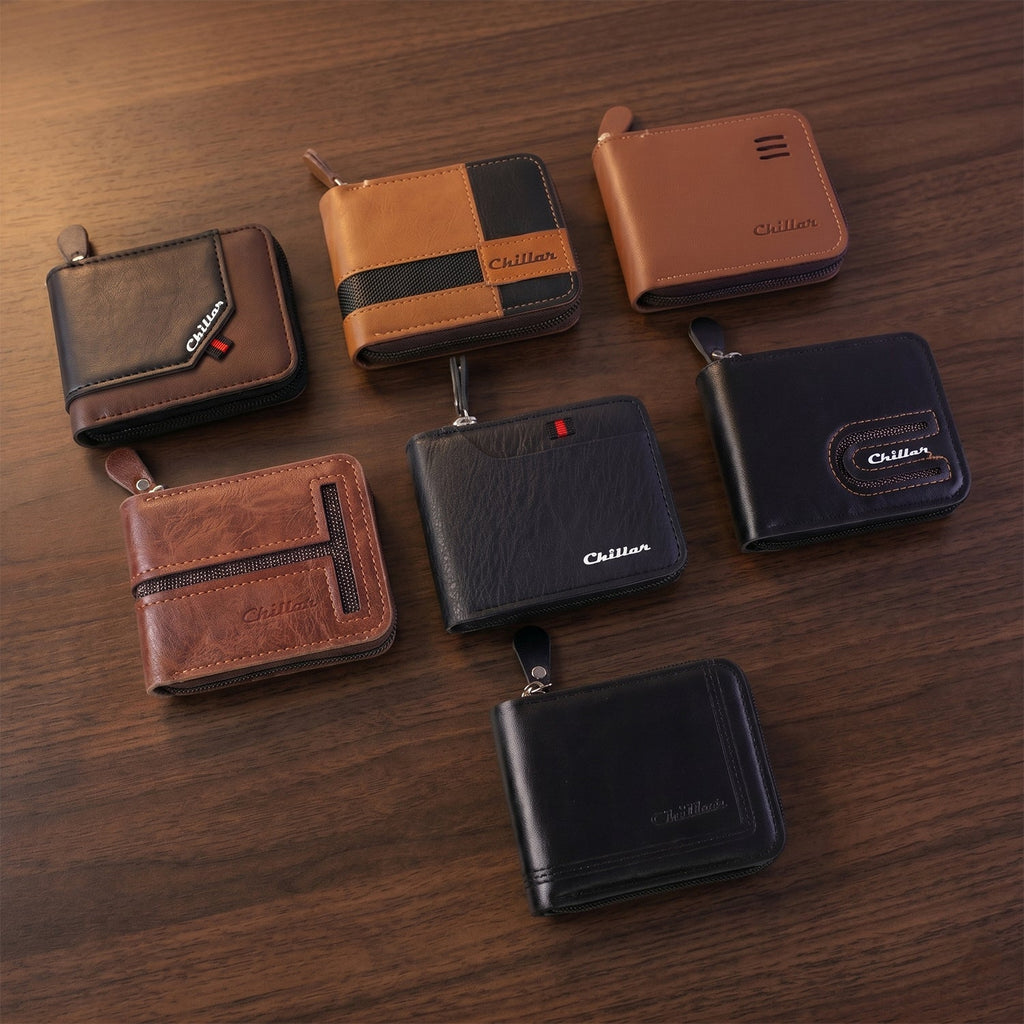 Zip-around cardholder wallet placed on wooden table