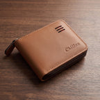 Man holding zip-around card holder wallet comfortably