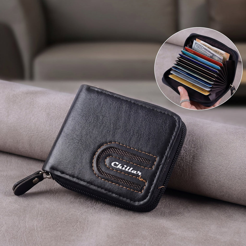 Close-up of zip-around card holder wallet in man's hand
