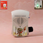 Front view of electric mantra bell with LED light and Radha-Krishna image