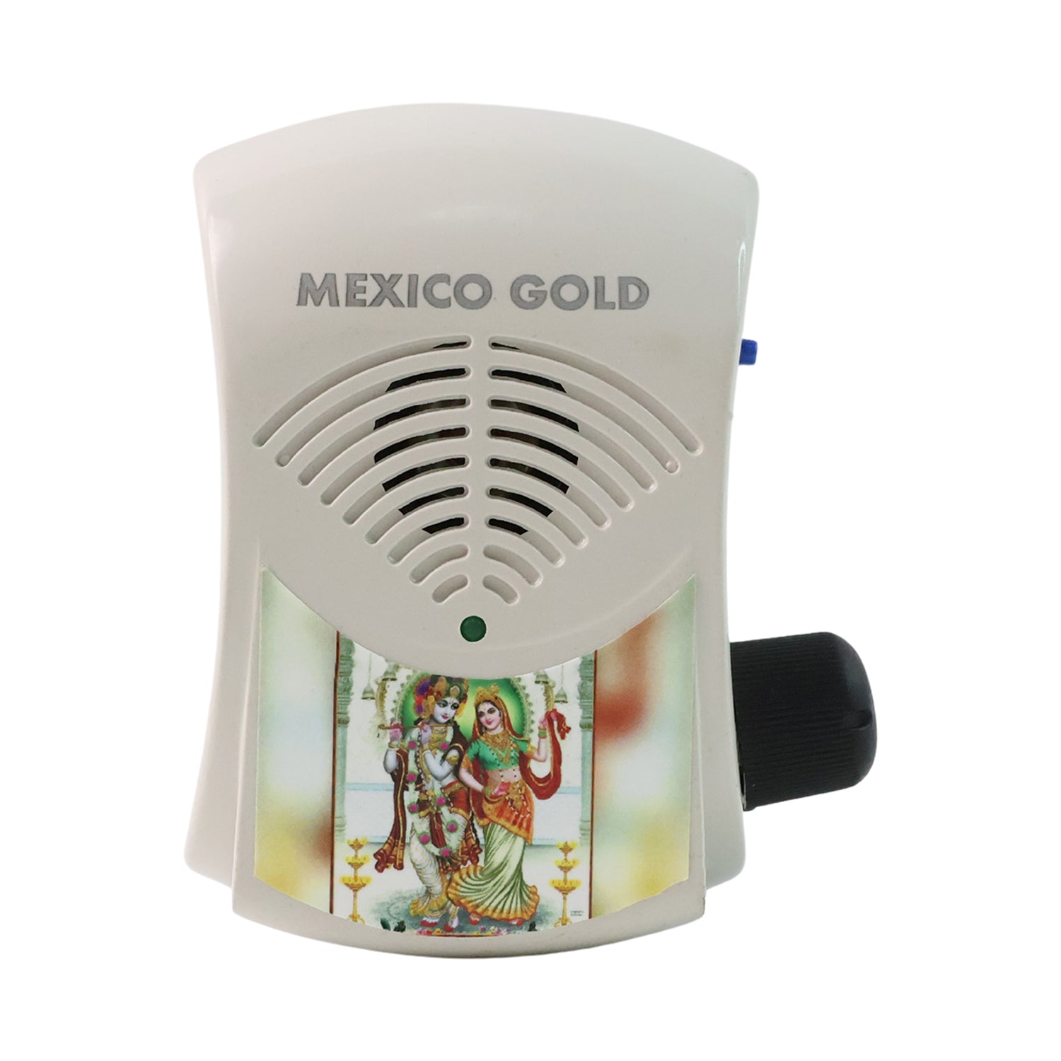 Close-up of Radha-Krishna image on electric mantra bell for home temple