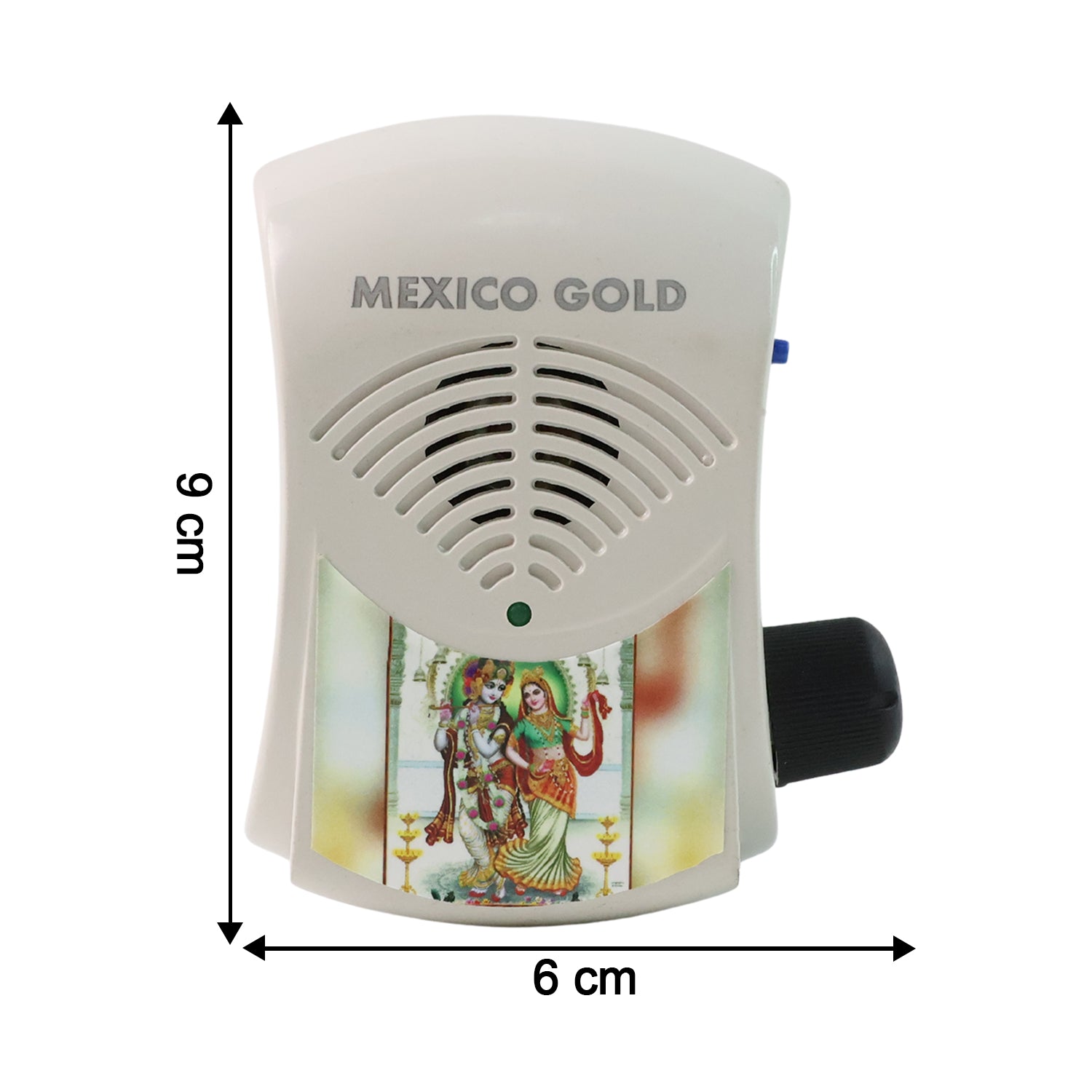 Back view of electric mantra bell with LED light and plug details