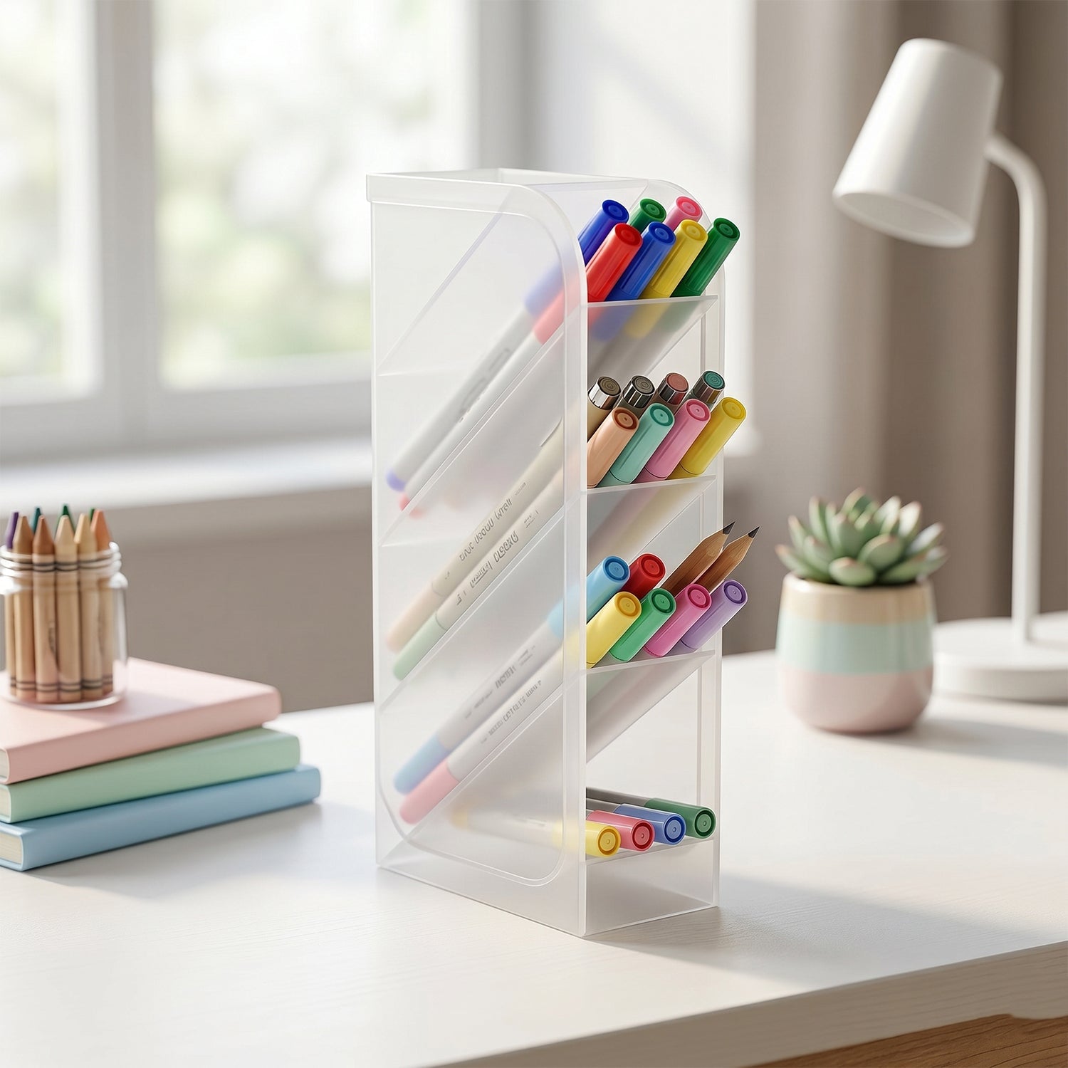 Plastic multi-storage desk organizer with four compartments for pens and markers