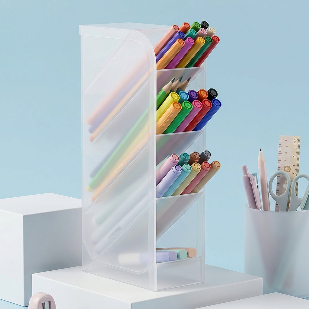 Compact clear plastic desktop organizer in use