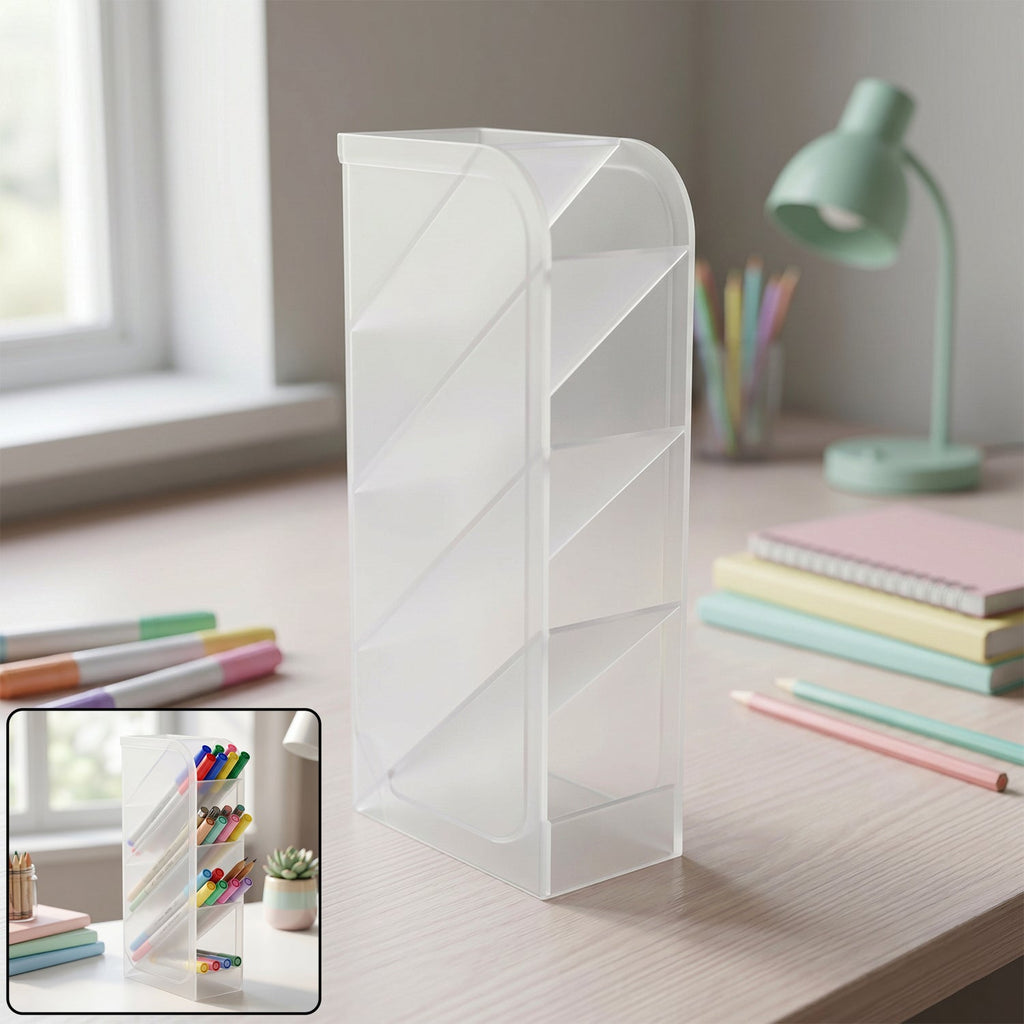Plastic organizer showing multiple slots for office supplies