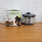 Space-saving revolving spice holder featuring transparent jars for easy identification