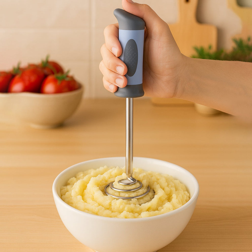 Heavy-duty stainless steel vegetable masher for smooth food mashing