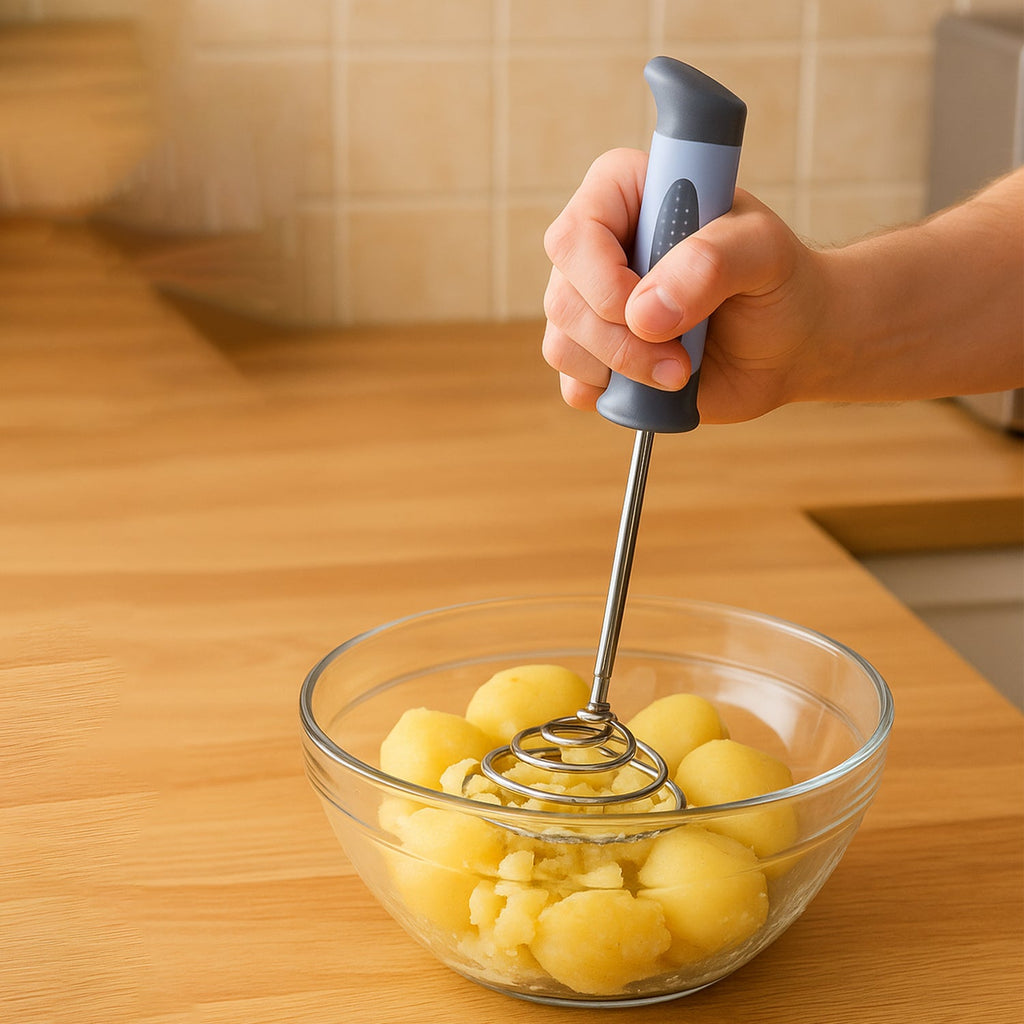 Close view of stainless steel potato masher spring and handle