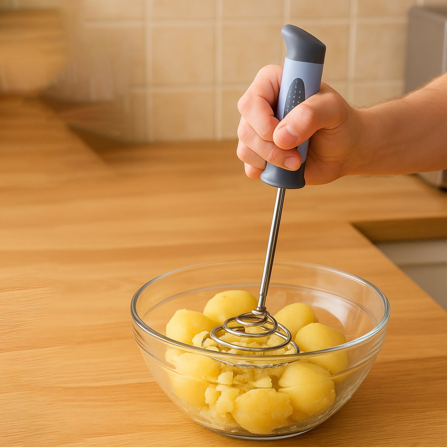 Close view of stainless steel potato masher spring and handle