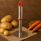 Stainless steel potato masher placed beside freshly mashed potatoes