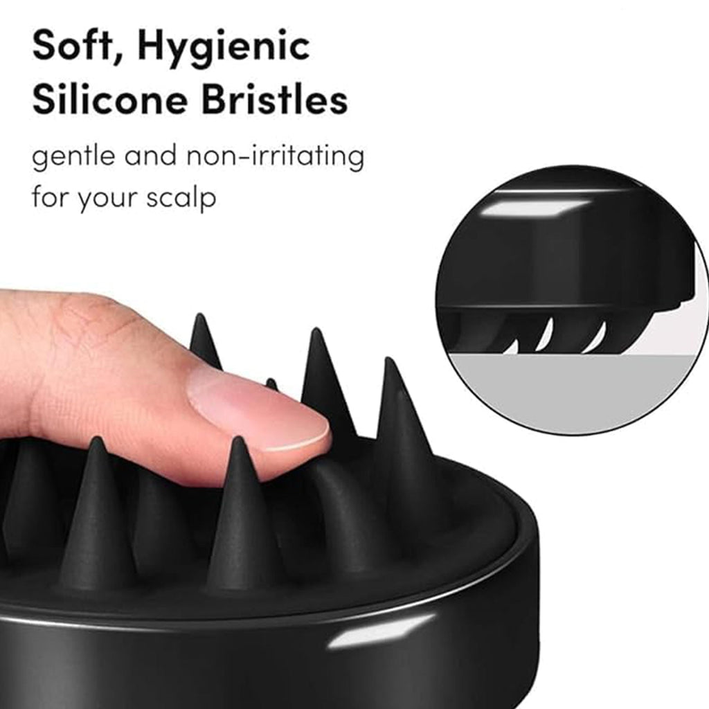 Using scalp massager shampoo brush on hair with shampoo for deep cleansing