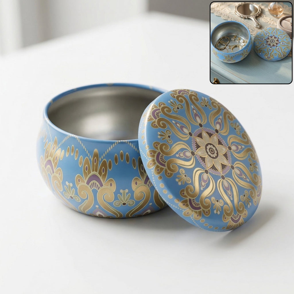 Mandala printed metal candle container with lid and vibrant artwork