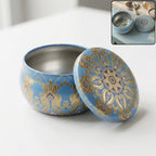 Mandala printed metal candle container with lid and vibrant artwork