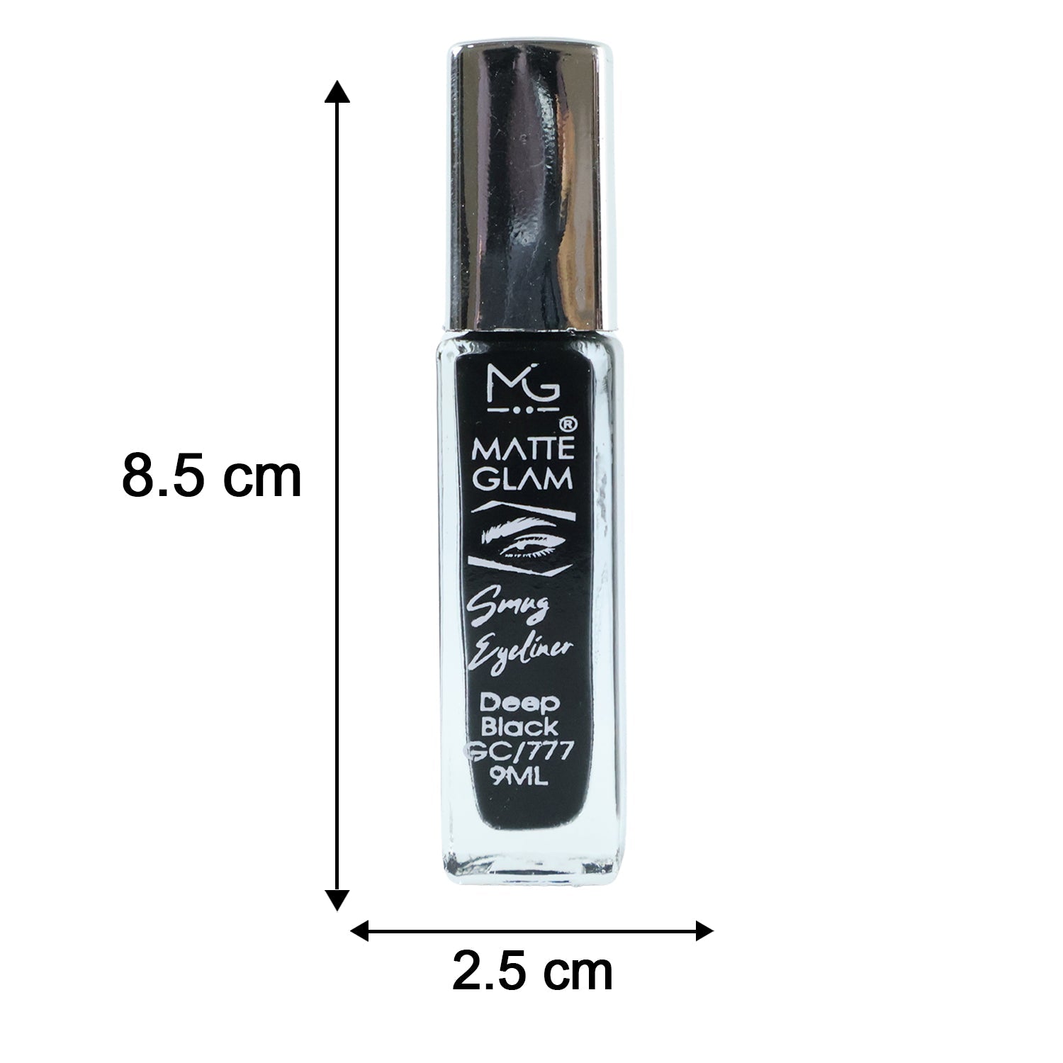 Matte black eyeliner pen alongside its dimensions showing length 9 cm