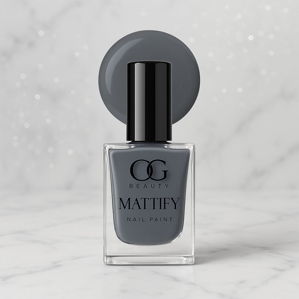 Swatch of long-lasting Calm Grey Matte Nail Polish on skin.