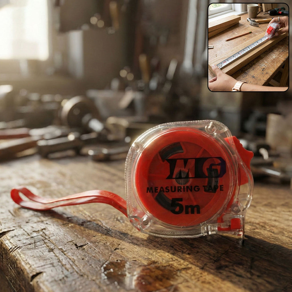 Professional BoltForce 5-meter measuring tape in its transparent case, ready for use.
