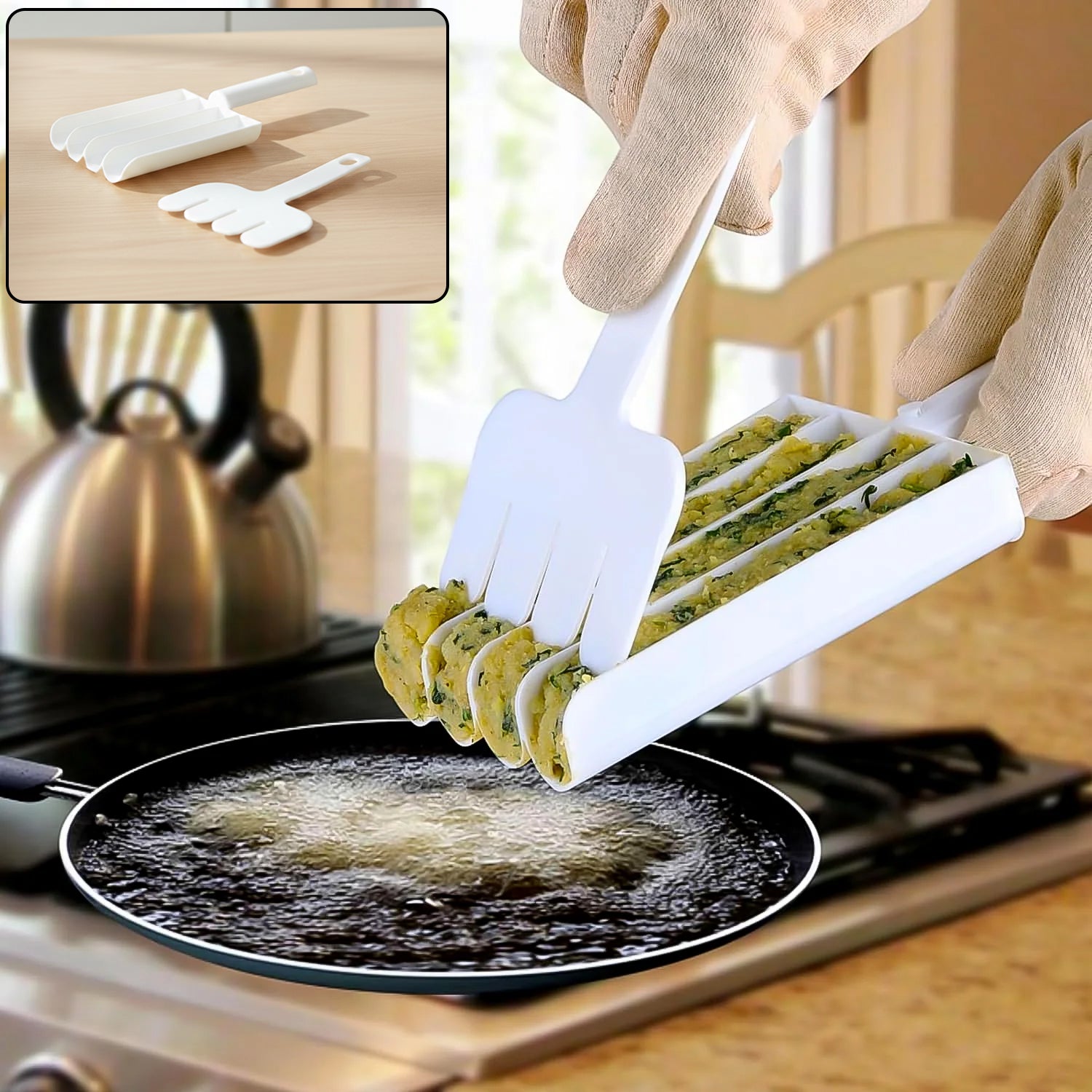 Food slicing press tool shown in use for making uniform snack slices