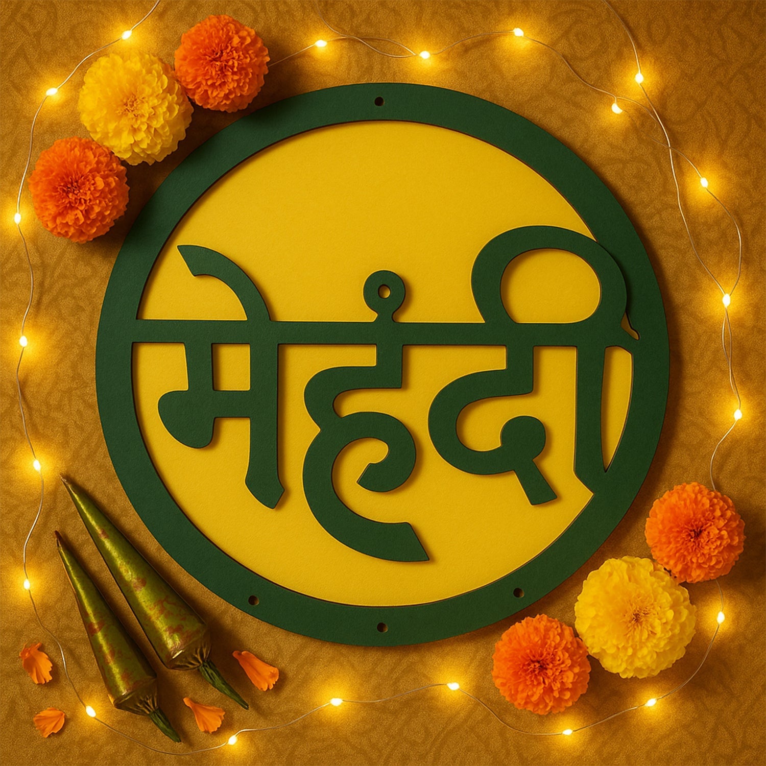 Mehndi ceremony decorative wall hanging styled with floral and fairy lights