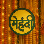 Indoors mehndi ceremony round decorative sign with typical Hindi ?????? lettering