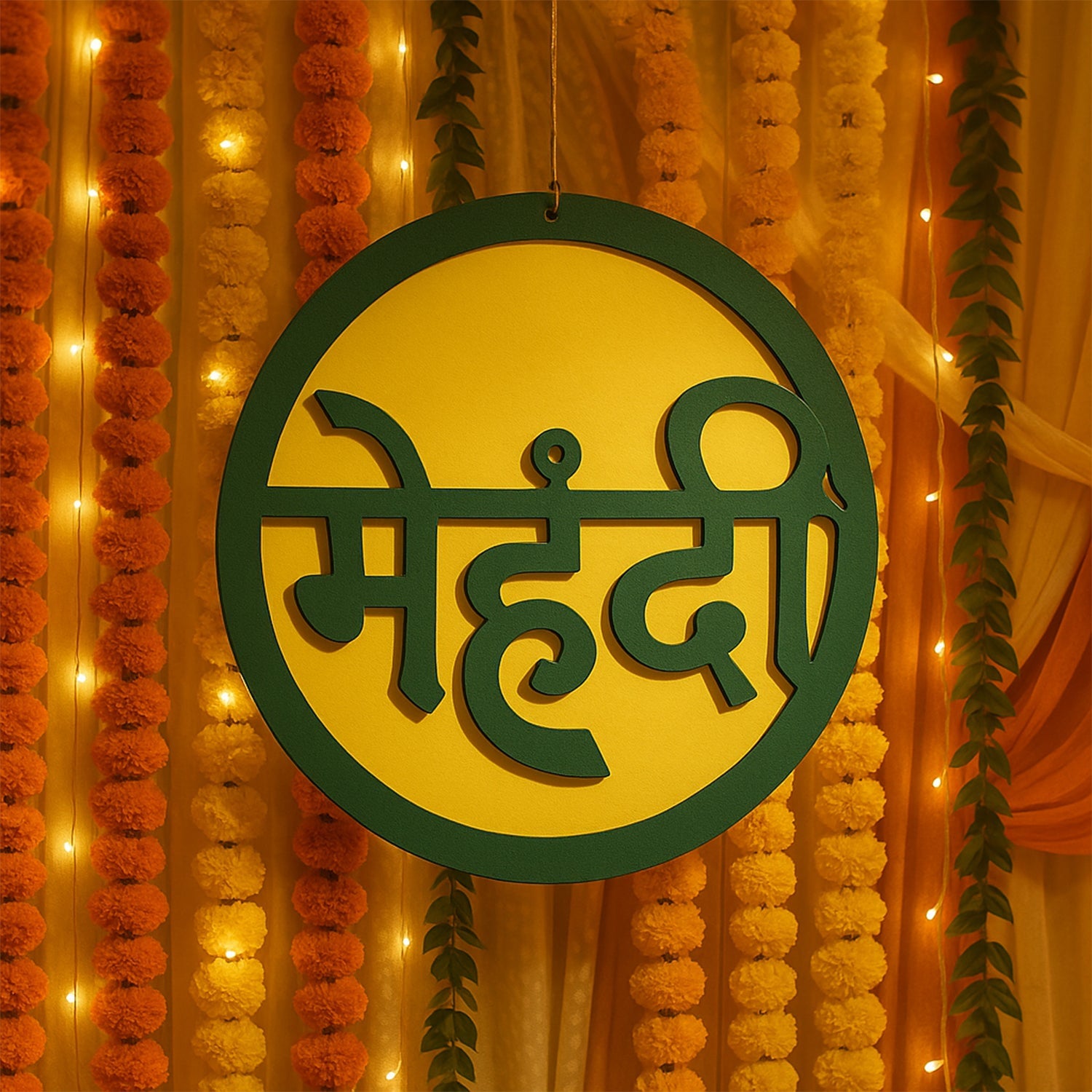 Indoors mehndi ceremony round decorative sign with typical Hindi ?????? lettering