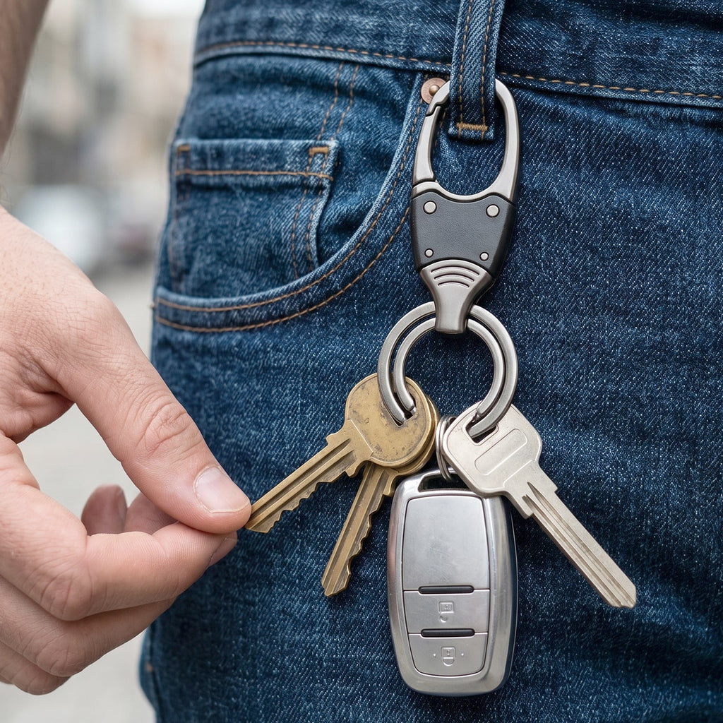 Side view of metal key holder highlighting secure locking clip