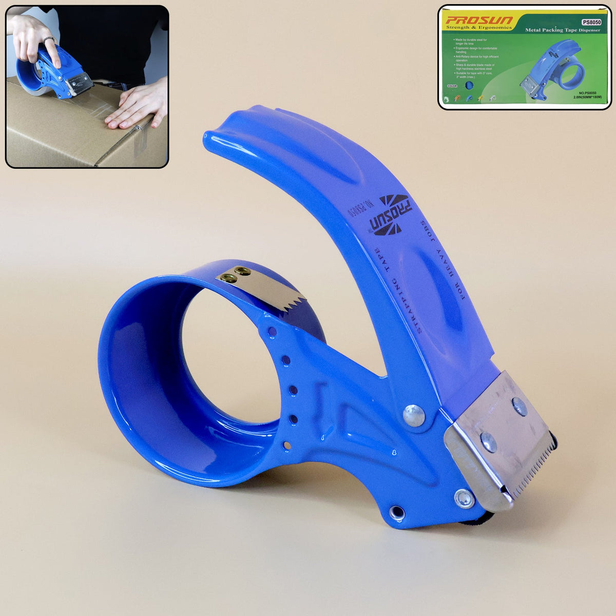 Front view of the VoltDesk Metal Packing Tape Dispenser, showcasing its durable metal construction.