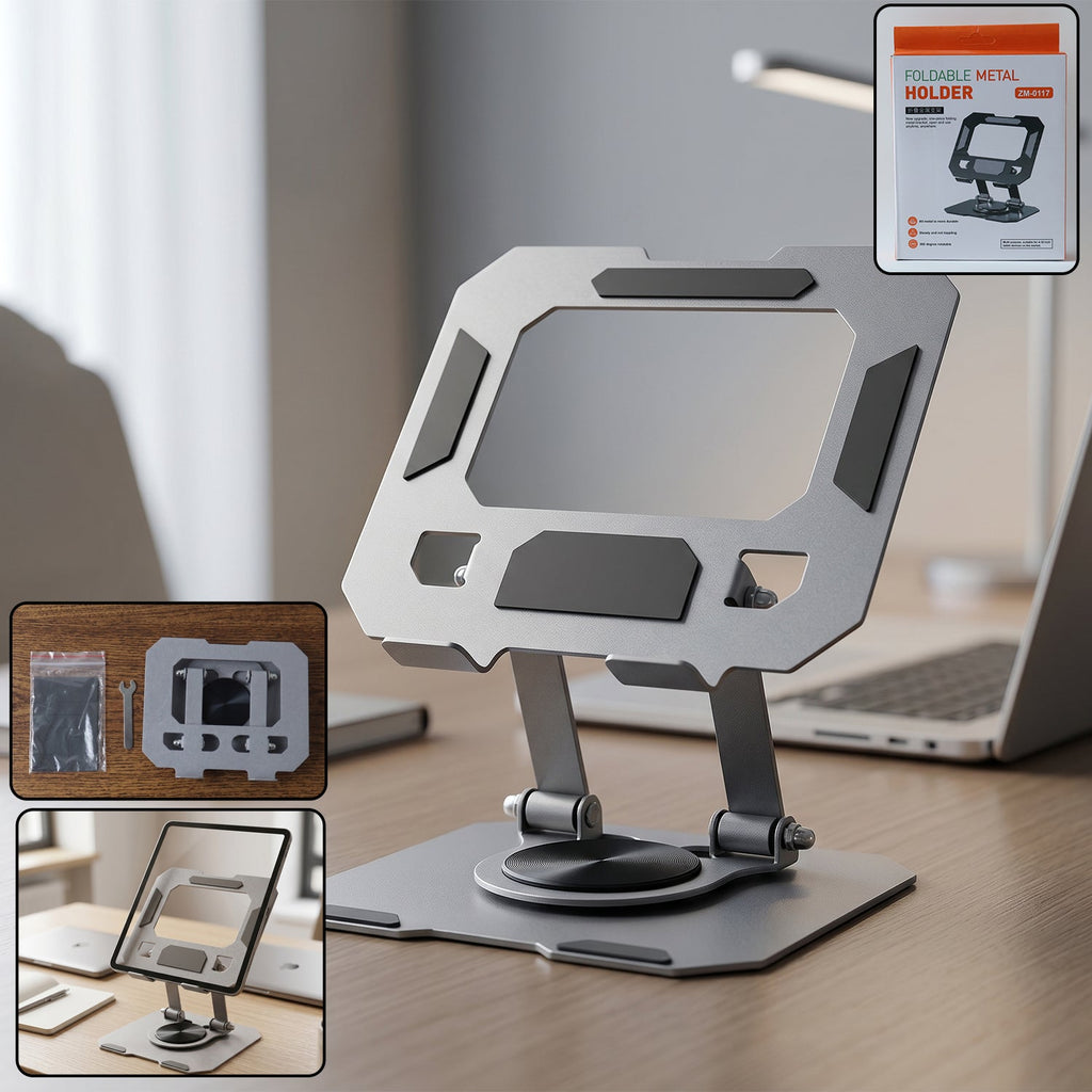 Foldable metal phone and tablet stand on desk