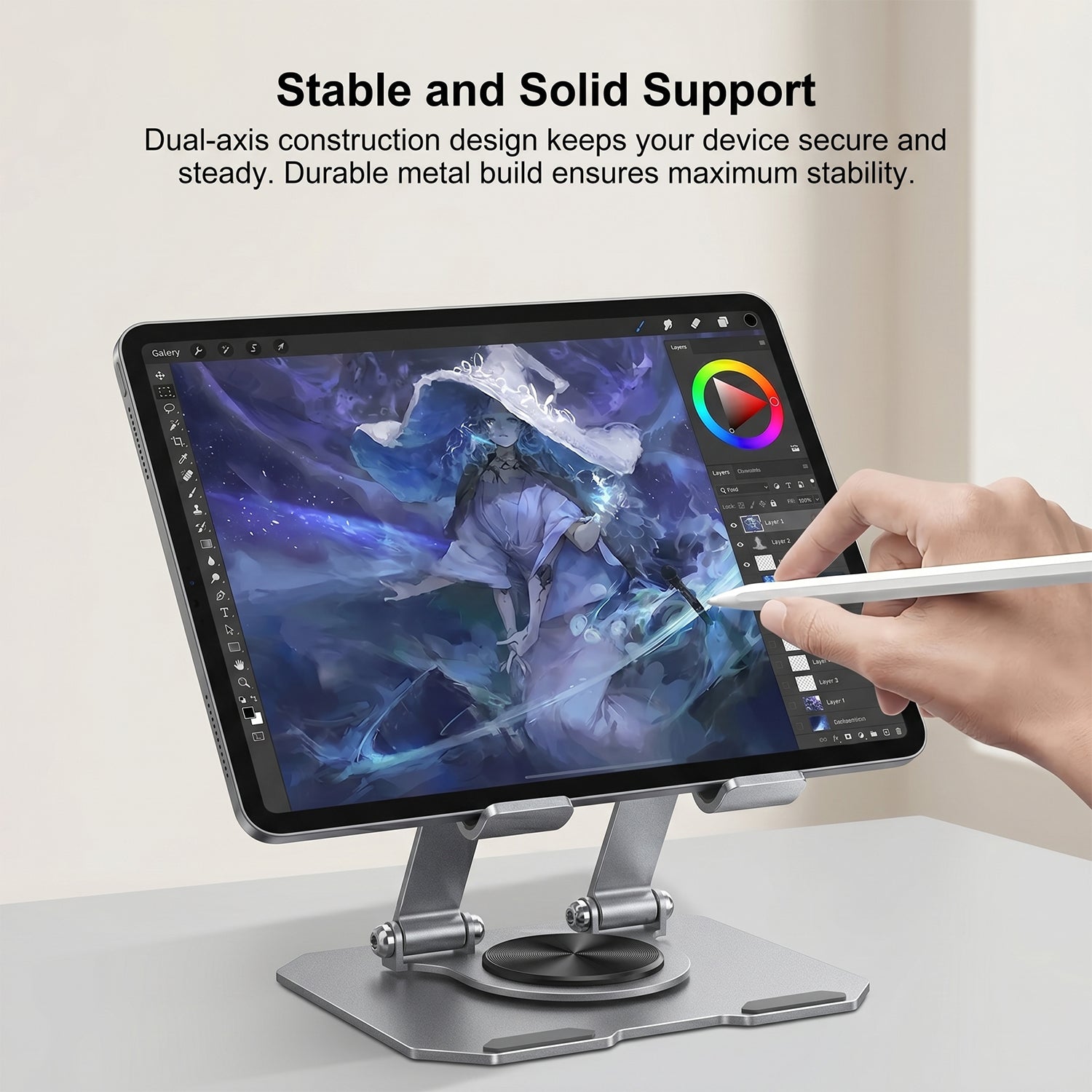 Close-up of foldable metal stand with anti-slip pads