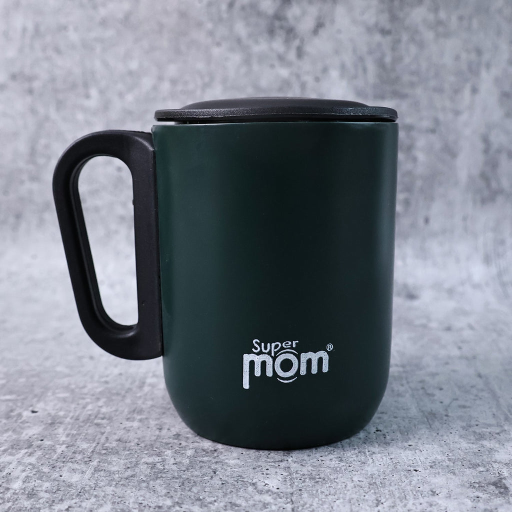 Close-up of stainless steel insulated mug lid and handle