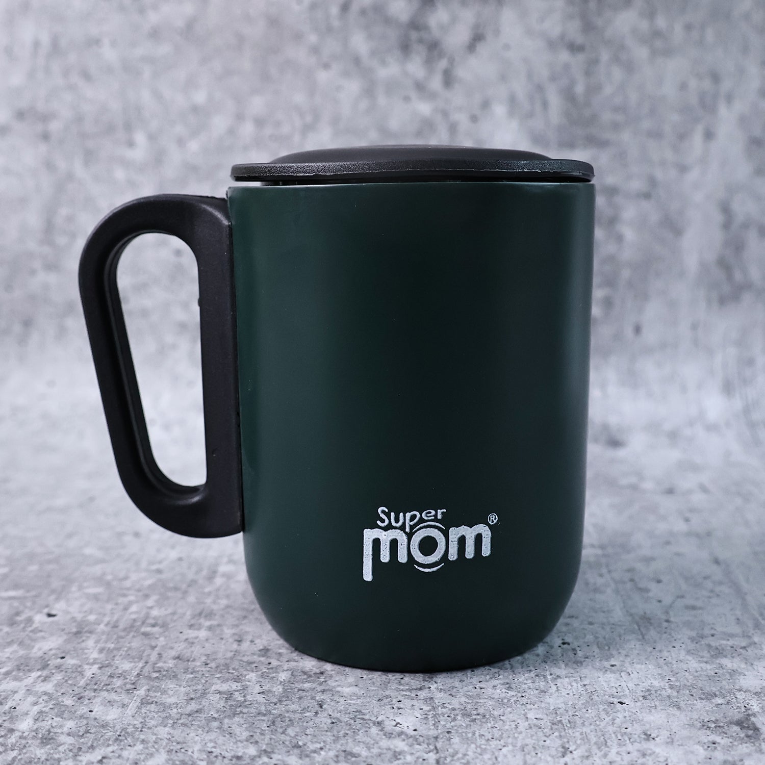 Close-up of stainless steel insulated mug lid and handle