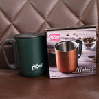 Metallic insulated mug with secure lid for hot and cold drinks